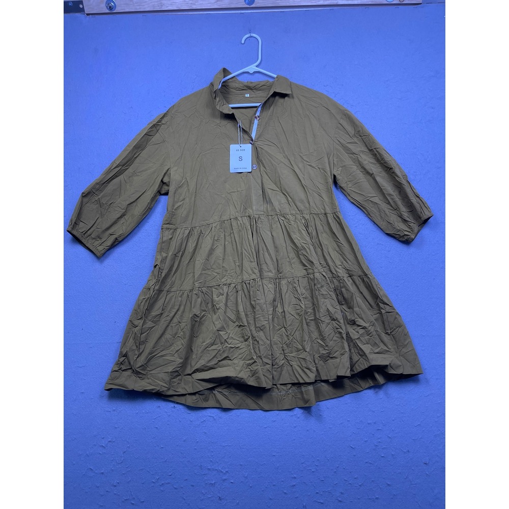 Fashion Tiered Babydoll Dress Cotton Blend Olive Brown Small Womens